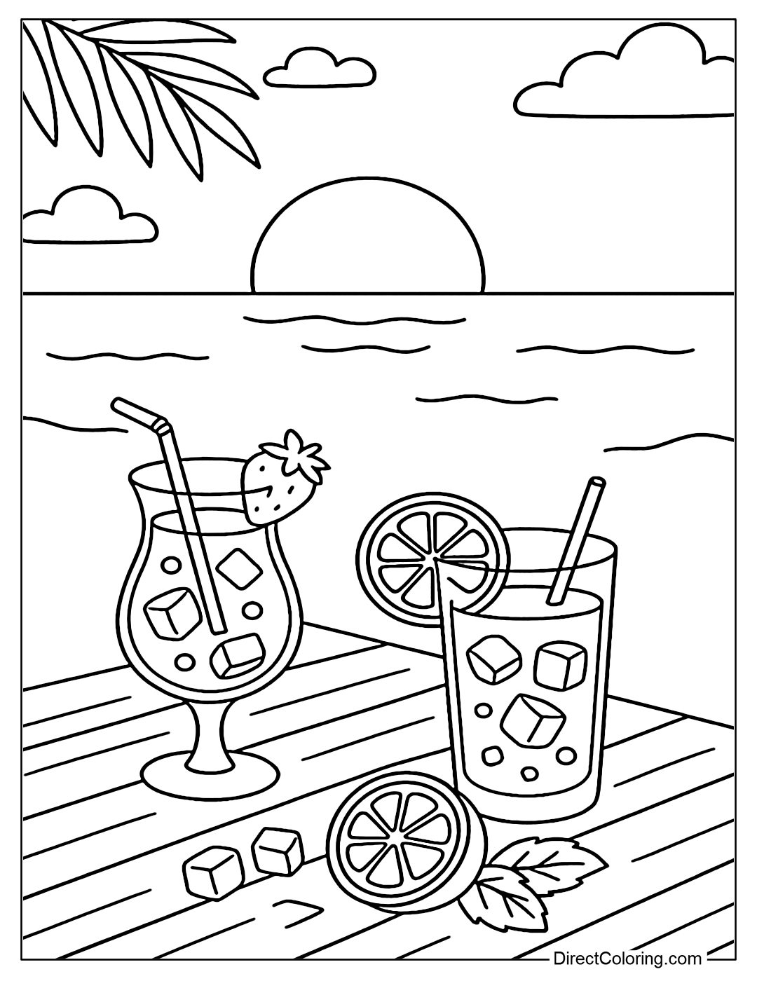 Coloring page of a wooden patio table with 2 fruit cocktail glasses, lemon, ice cubes, mint leaves